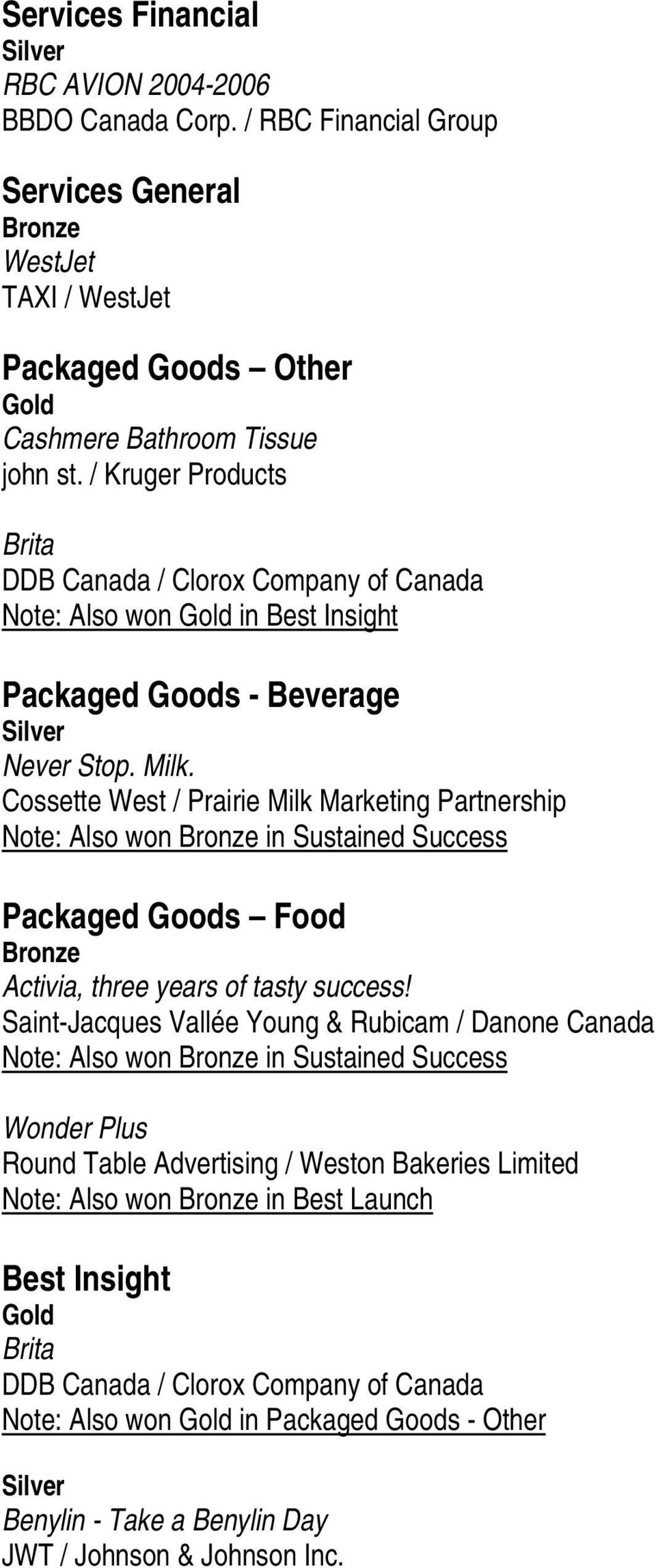 Cossette West / Prairie Milk Marketing Partnership Note: Also won in Sustained Success Packaged Goods Food Activia, three years of tasty success!