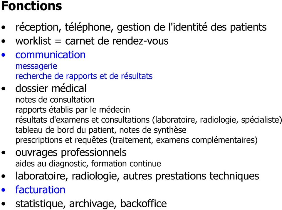 radiologie, spécialiste) tableau de bord du patient, notes de synthèse prescriptions et requêtes (traitement, examens complémentaires) ouvrages