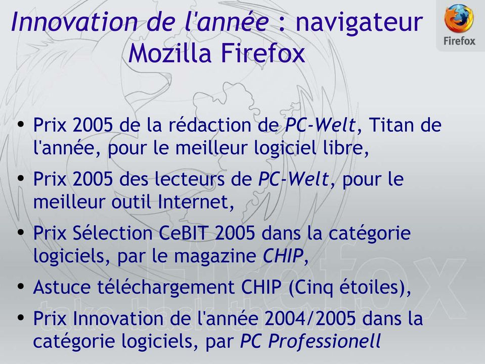 Internet, Prix Sélection CeBIT 2005 dans la catégorie logiciels, par le magazine CHIP, Astuce