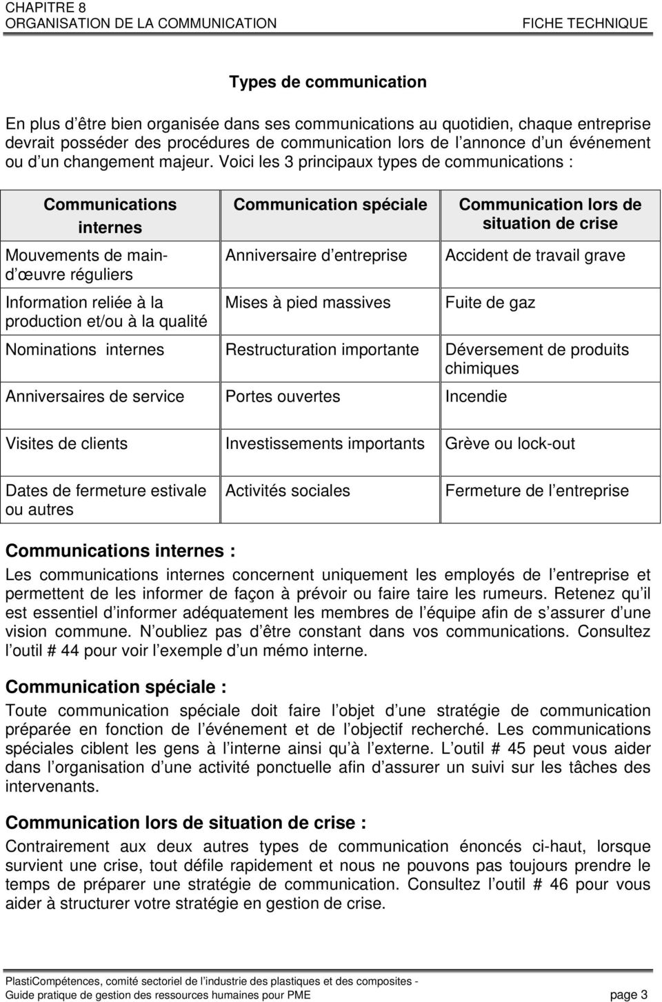 Voici les 3 principaux types de communications : Communications internes Mouvements de maind œuvre réguliers Information reliée à la production et/ou à la qualité Communication spéciale Anniversaire