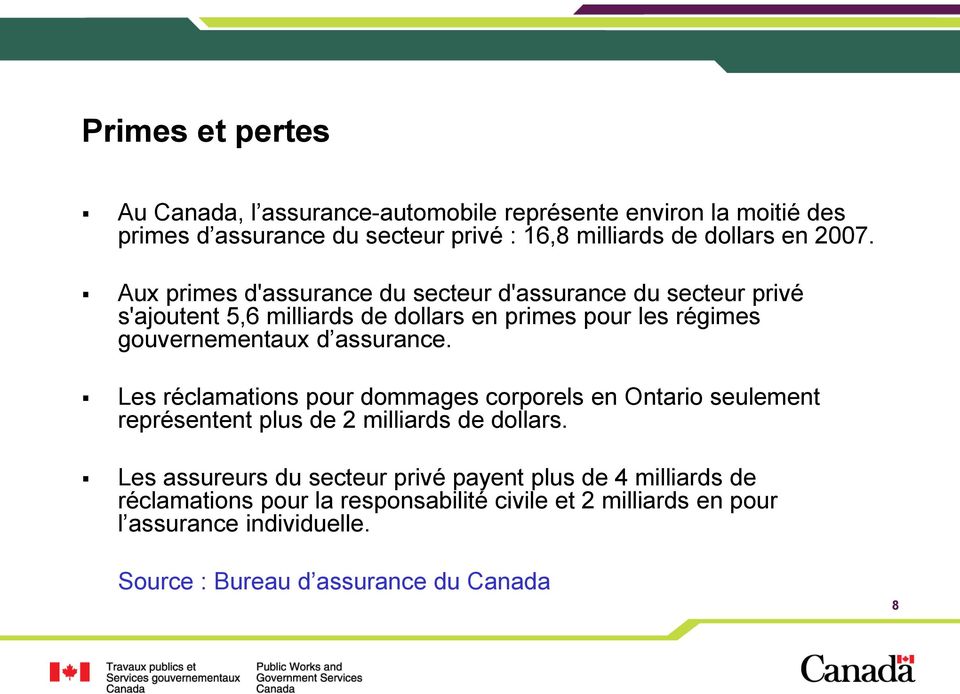 assurance. Les réclamations pour dommages corporels en Ontario seulement représentent plus de 2 milliards de dollars.