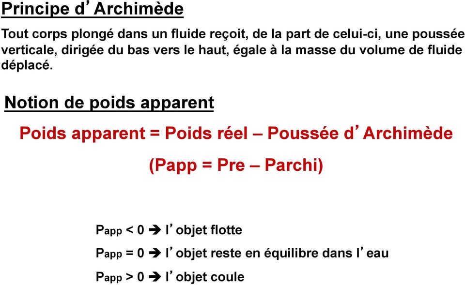 Notion de poids apparent Poids apparent = Poids réel Poussée d Archimède (Papp = Pre Parchi)