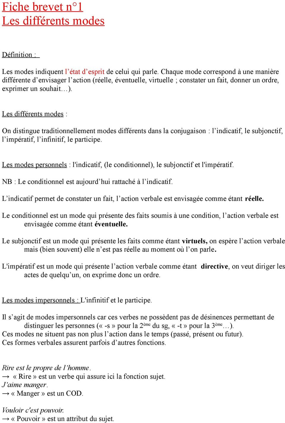Fiche De Révision Français Brevet Pdf Fiche brevet n 1 Les différents modes - PDF Free Download