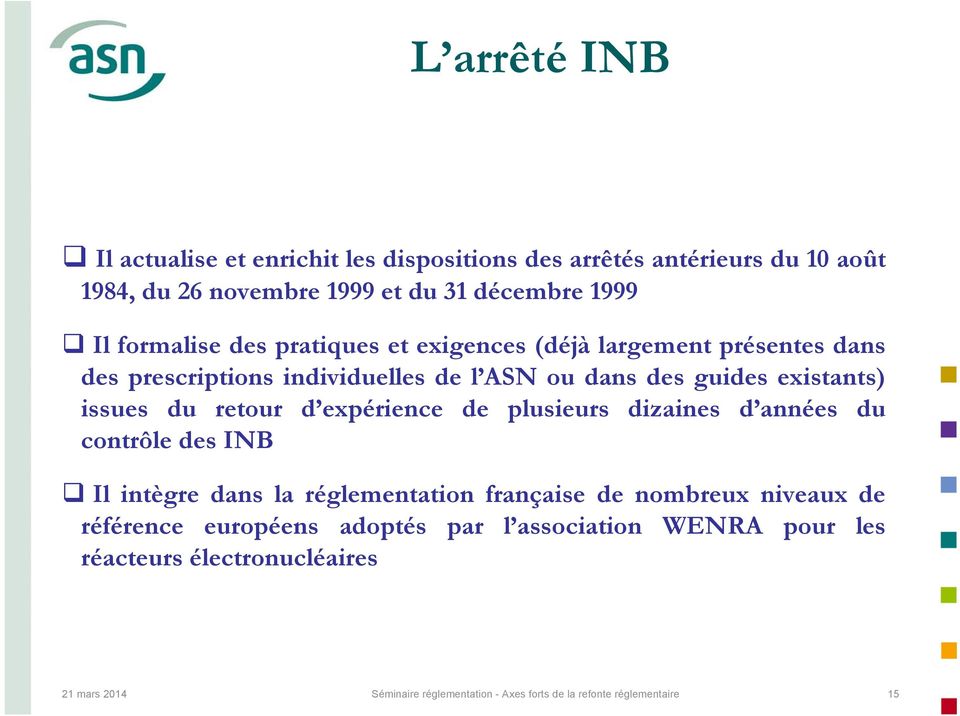 retour d expérience de plusieurs dizaines d années du contrôle des INB Il intègre dans la réglementation française de nombreux niveaux de référence
