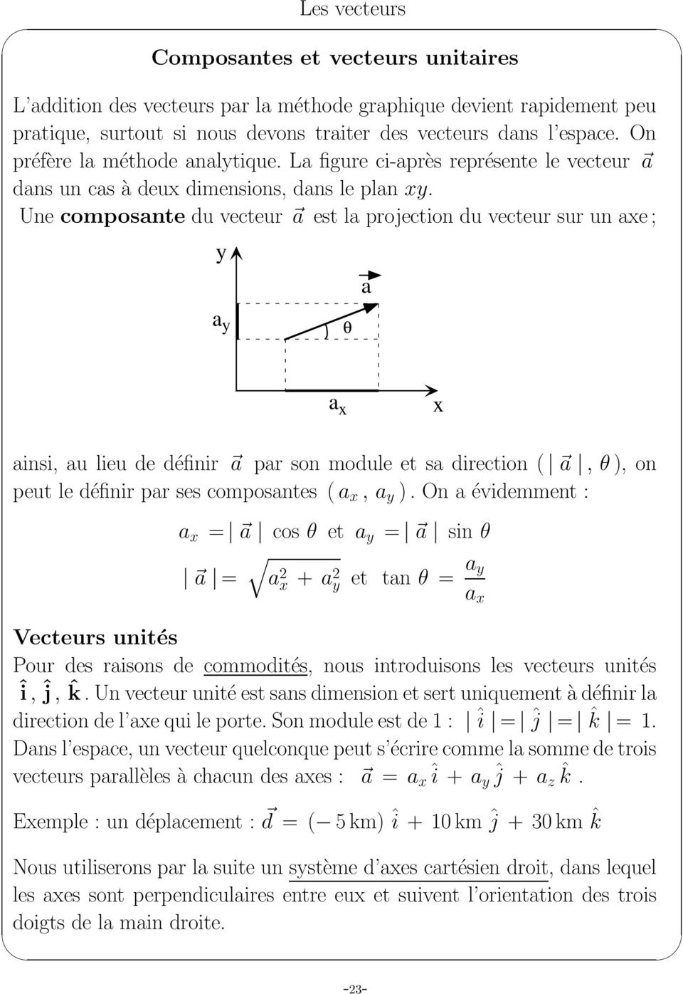 Une composnte du vecteur est l projection du vecteur sur un xe ; y y θ x x insi, u lieu de définir pr son module et s direction (, θ ), on peut le définir pr ses composntes ( x, y ).
