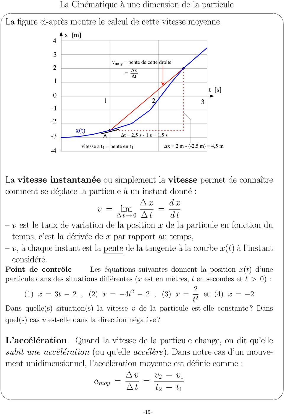 vitesse permet de connître comment se déplce l prticule à un instnt donné : x v = lim t 0 t = d x d t v est le tux de vrition de l position x de l prticule en fonction du temps, c est l dérivée de x