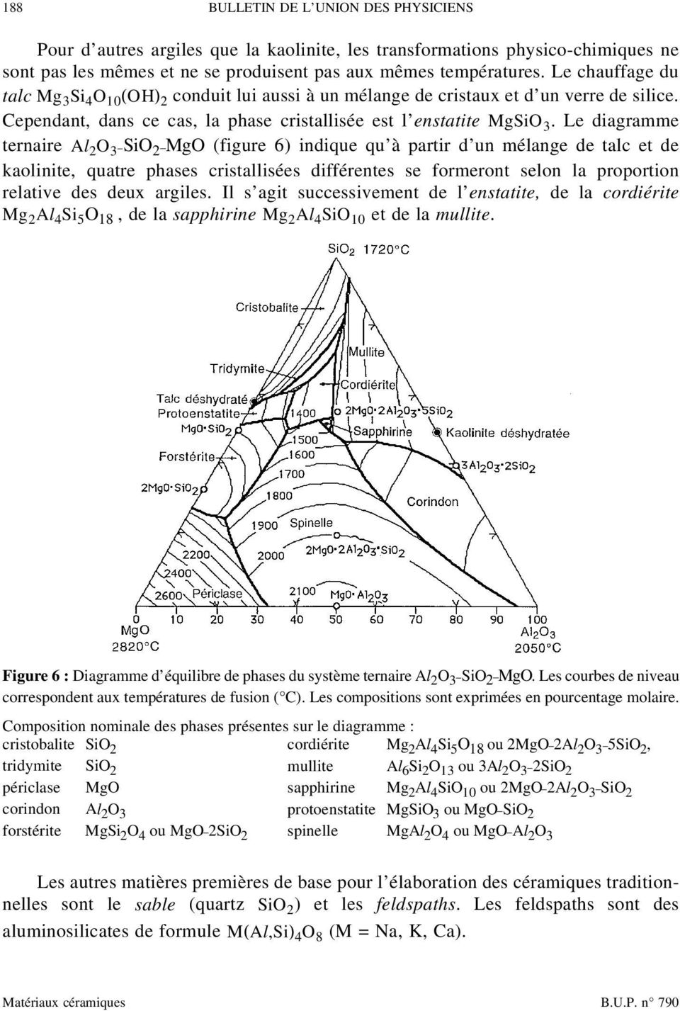 Le diagramme ternaire Al 2 O 3 SiO 2 MgO (figure 6) indique qu à partir d un mélange de talc et de kaolinite, quatre phases cristallisées différentes se formeront selon la proportion relative des