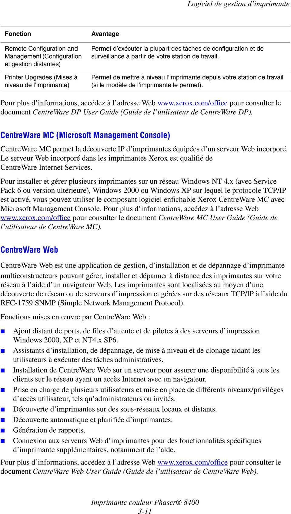 Pour plus d informations, accédez à l adresse Web www.xerox.com/office pour consulter le document CentreWare DP User Guide (Guide de l utilisateur de CentreWare DP).