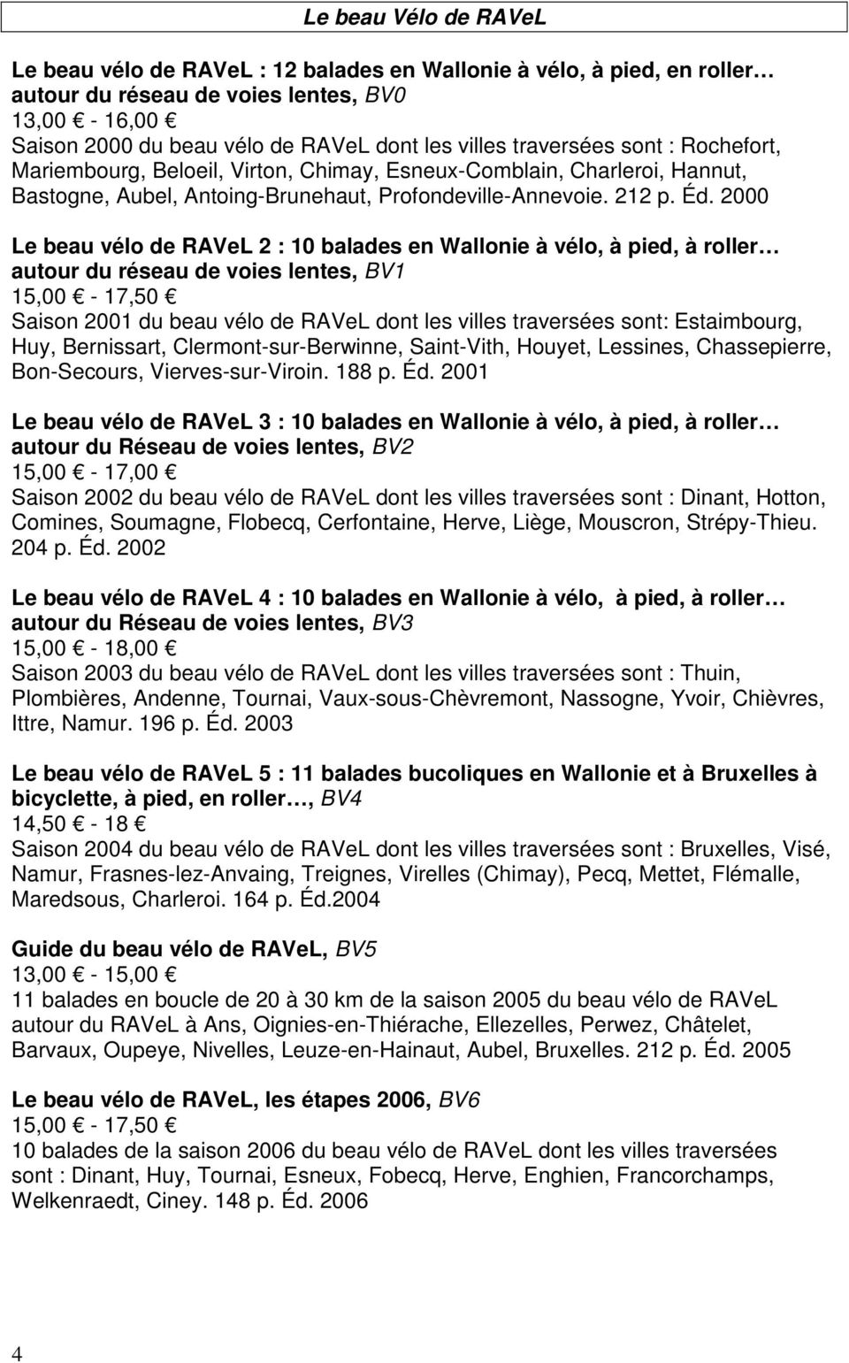 2000 Le beau vélo de RAVeL 2 : 10 balades en Wallonie à vélo, à pied, à roller autour du réseau de voies lentes, BV1 15,00-17,50 Saison 2001 du beau vélo de RAVeL dont les villes traversées sont: