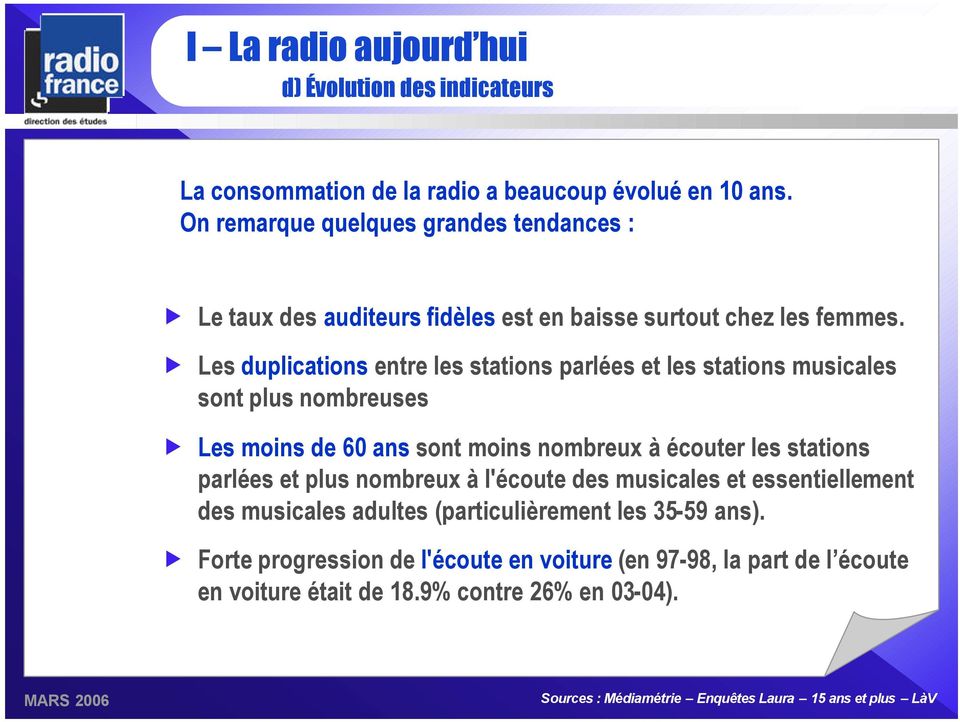 Les duplications entre les stations parlées et les stations musicales sont plus nombreuses Les moins de 60 ans sont moins nombreux à écouter les stations parlées et