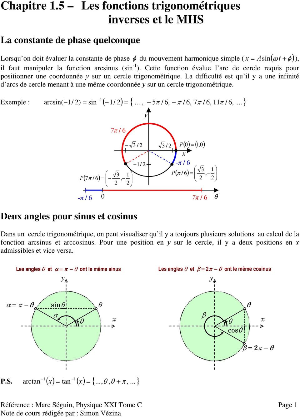 fonction arcsinus (sin -1 ). Cette fonction évalue l arc de cercle requis pour positionner une coordonnée sur un cercle trigonométrique.