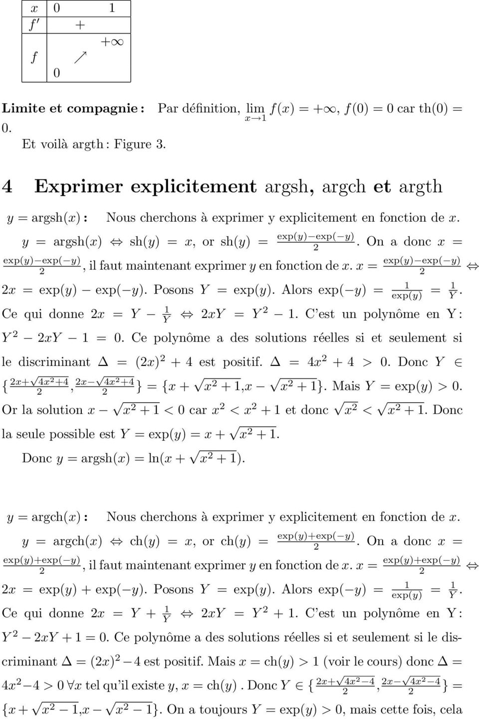 y = argsh(x) sh(y) = x, or sh(y) = exp(y) exp( y). On a donc x = exp(y) exp( y), il faut maintenant exprimer y en fonction de x. x = exp(y) exp( y) x = exp(y) exp( y). Posons Y = exp(y).