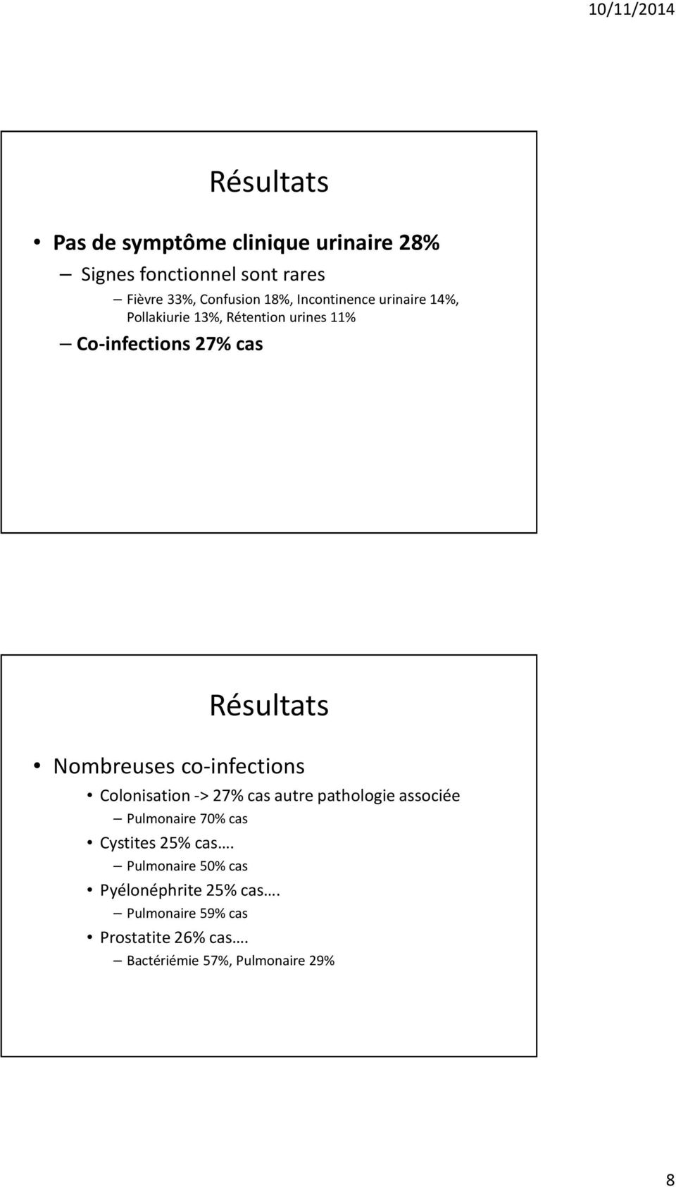 Nombreuses co-infections Colonisation -> 27% cas autre pathologie associée Pulmonaire 70% cas Cystites 25%