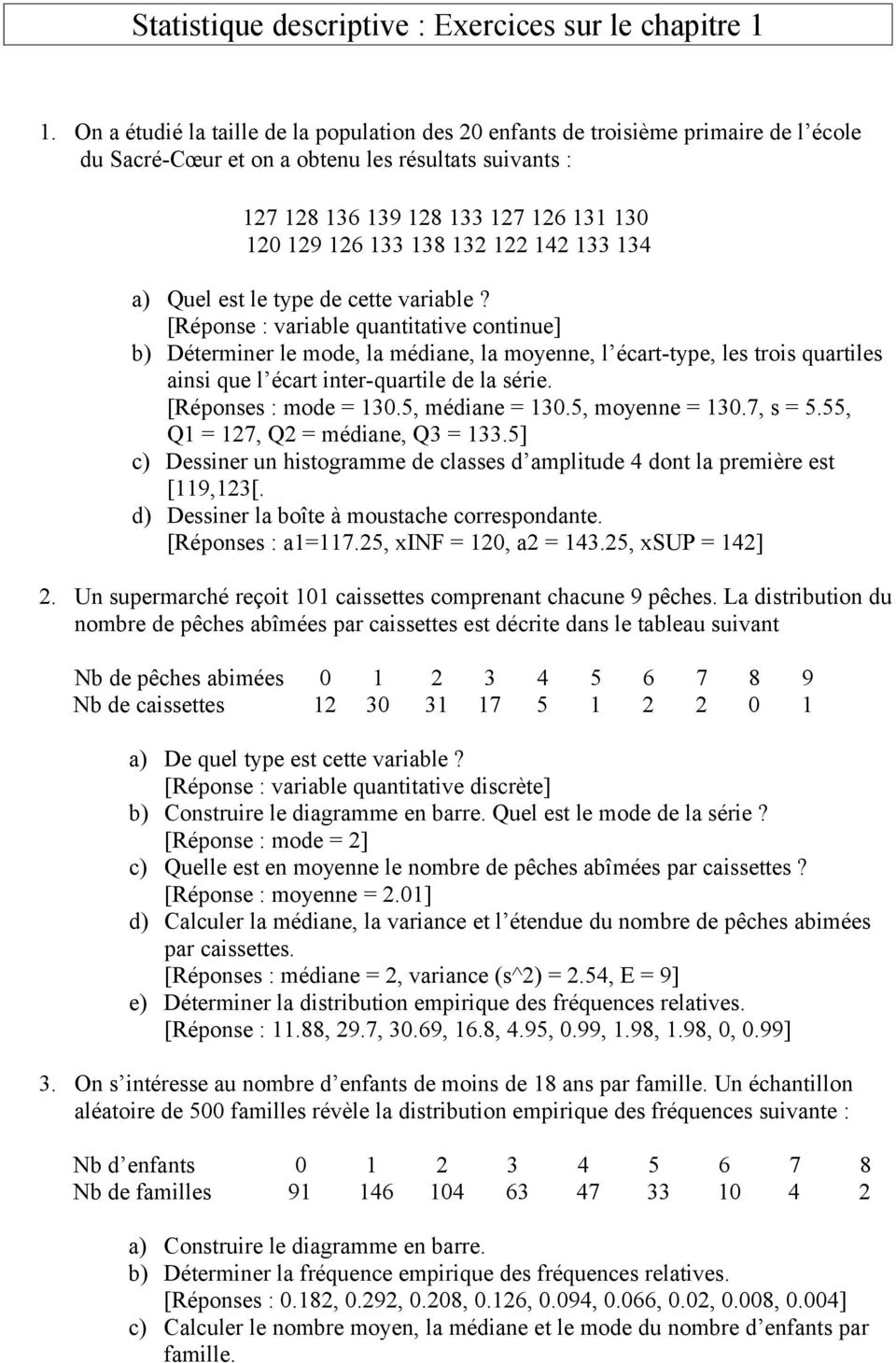 Statistique Descriptive Exercices Sur Le Chapitre 1 Pdf Free Download