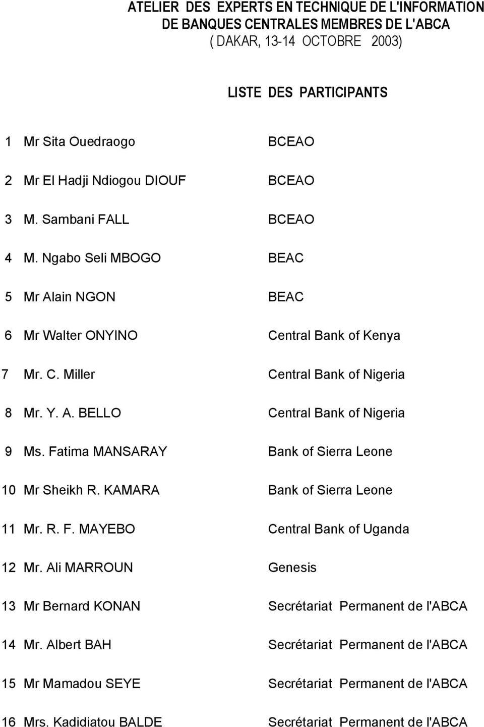 Fatima MANSARAY Bank of Sierra Leone 10 Mr Sheikh R. KAMARA Bank of Sierra Leone 11 Mr. R. F. MAYEBO Central Bank of Uganda 12 Mr.