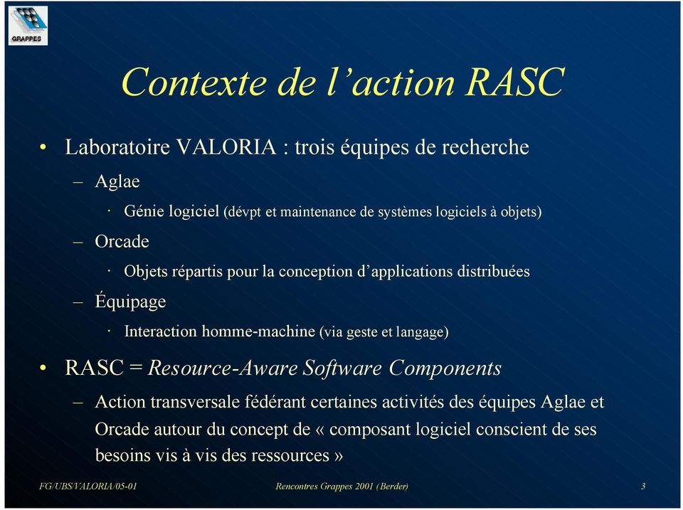 et langage) RASC = Resource-Aware Software Components Action transversale fédérant certaines activités des équipes Aglae et Orcade