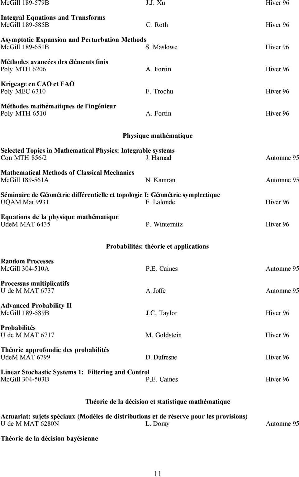 Fortin Hiver 96 Physique mathžmatique Selected Topics in Mathematical Physics: Integrable systems Con MTH 856/2 J. Harnad Automne 95 Mathematical Methods of Classical Mechanics McGill 189-561A N.