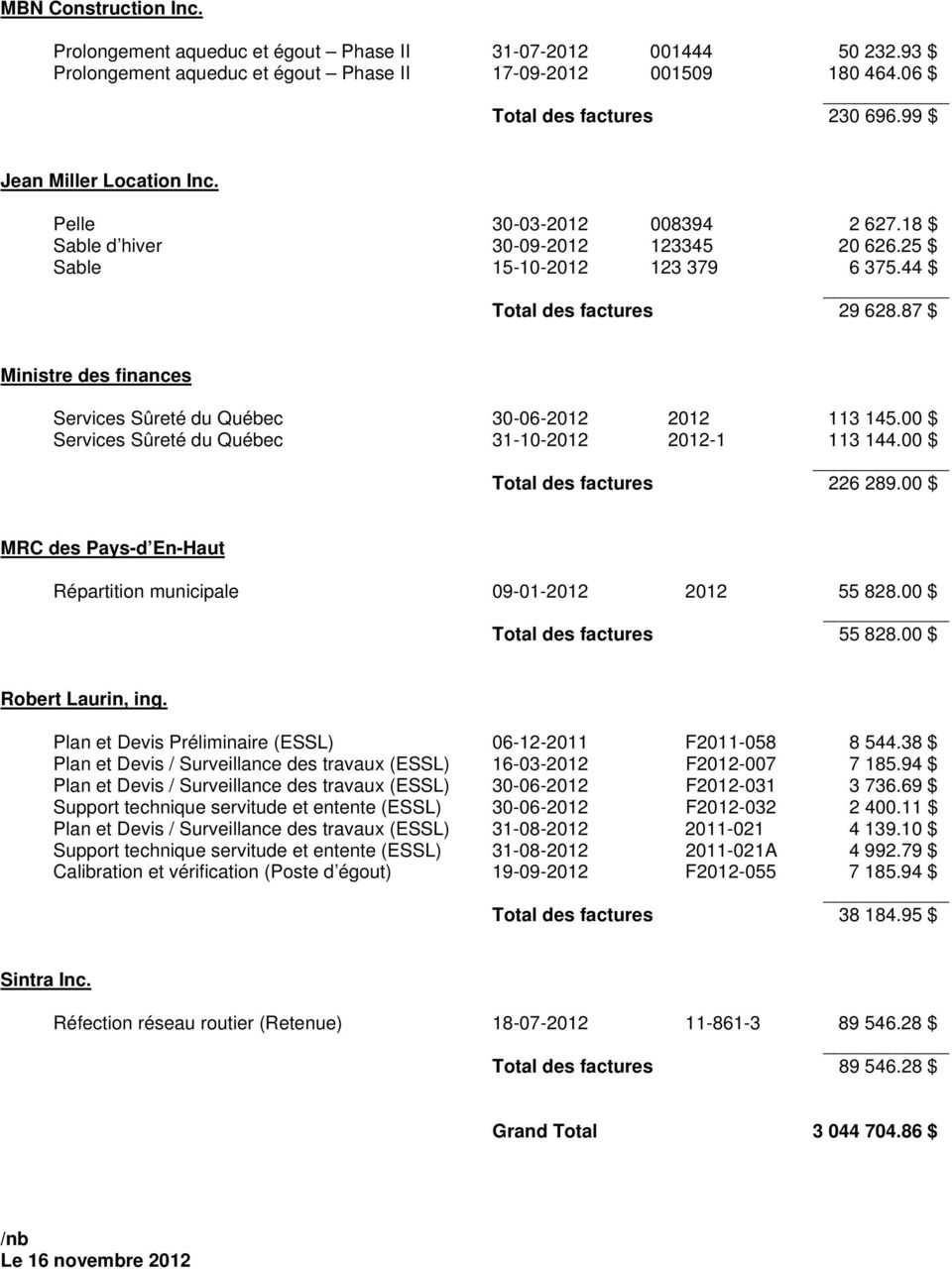 87 $ Ministre des finances Services Sûreté du Québec 30-06-2012 2012 113 145.00 $ Services Sûreté du Québec 31-10-2012 2012-1 113 144.00 $ _ Total des factures 226 289.