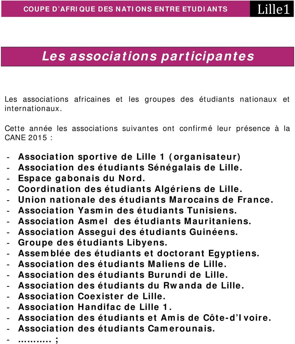 - Espace gabonais du Nord. - Coordination des étudiants Algériens de Lille. - Union nationale des étudiants Marocains de France. - Association Yasmin des étudiants Tunisiens.