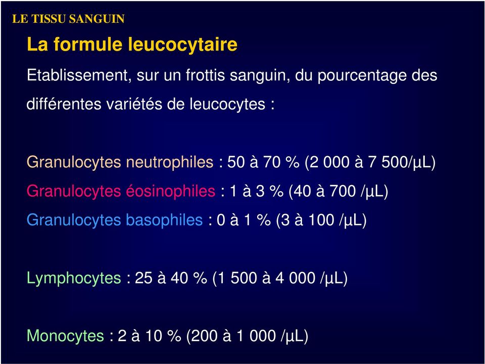 500/µL) Granulocytes éosinophiles : 1 à 3 % (40 à 700 /µl) Granulocytes basophiles : 0 à