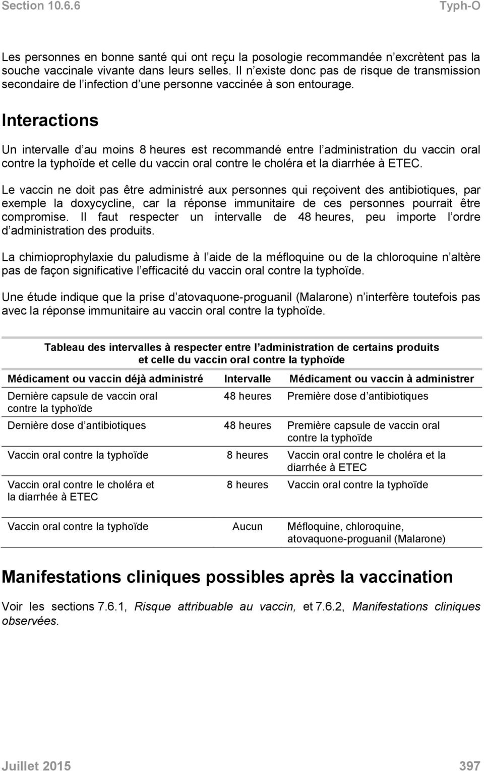 Interactions Un intervalle d au moins 8 heures est recommandé entre l administration du vaccin oral contre la typhoïde et celle du vaccin oral contre le choléra et la diarrhée à ETEC.