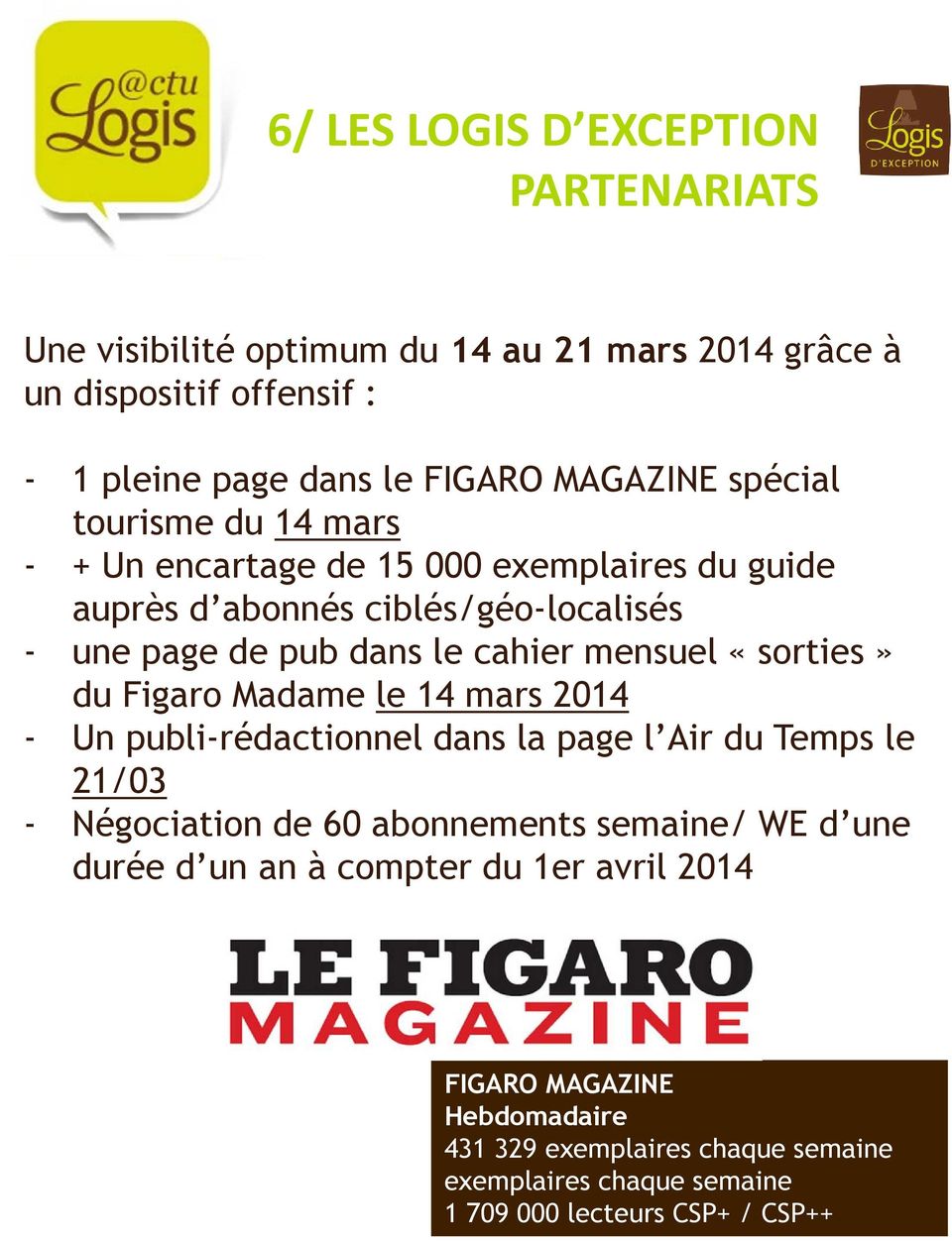«sorties» du Figaro Madame le 14 mars 2014 - Un publi-rédactionnel dans la page l Air du Temps le 21/03 - Négociation de 60 abonnements semaine/ WE d une