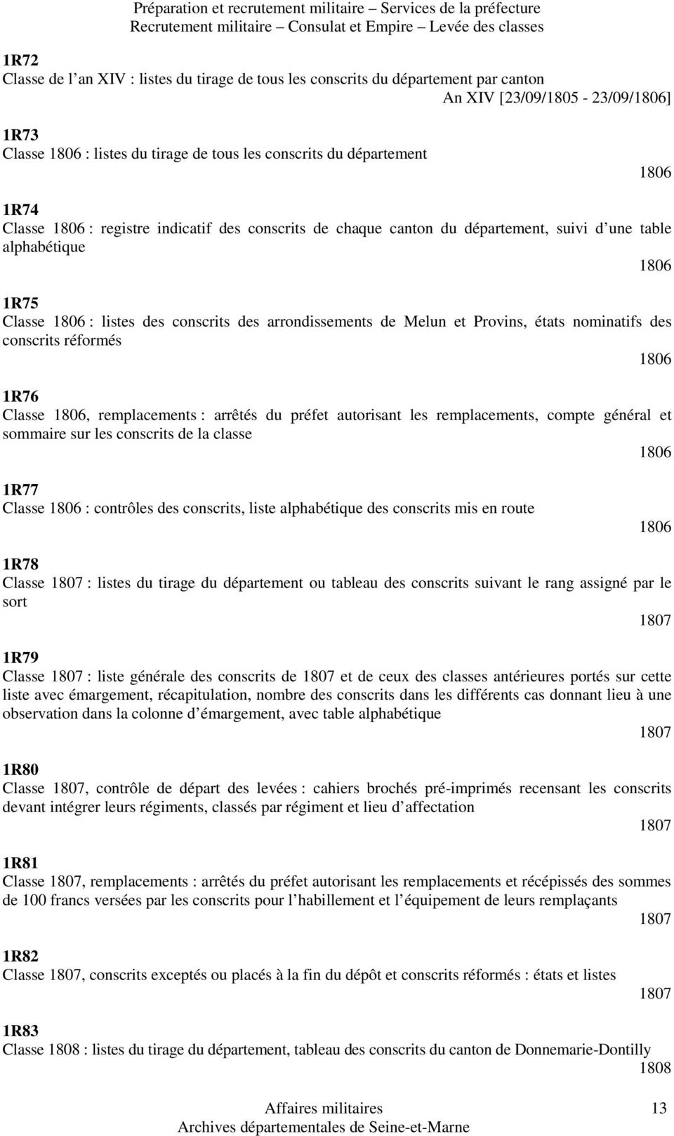 canton du département, suivi d une table alphabétique 1806 1R75 Classe 1806 : listes des conscrits des arrondissements de Melun et Provins, états nominatifs des conscrits réformés 1806 1R76 Classe