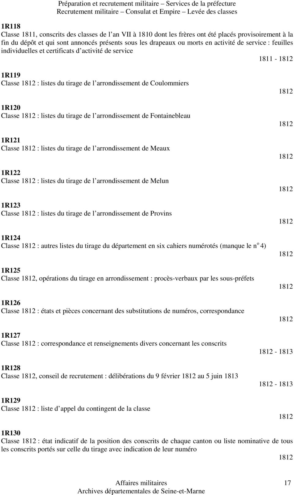 1R119 Classe 1812 : listes du tirage de l arrondissement de Coulommiers 1R120 Classe 1812 : listes du tirage de l arrondissement de Fontainebleau 1R121 Classe 1812 : listes du tirage de l