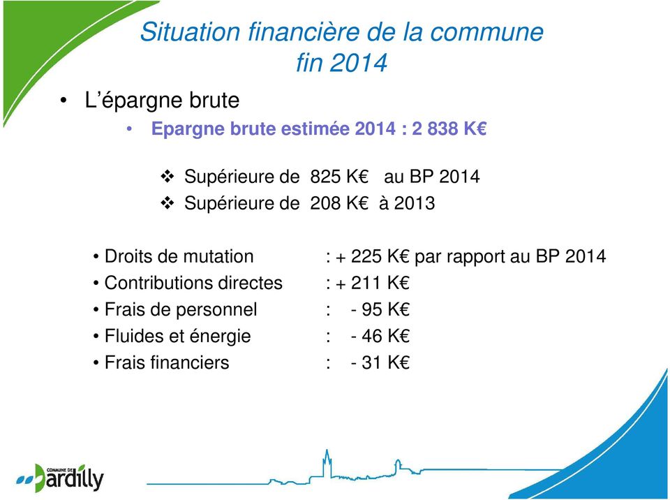 Droits de mutation : + 225 K par rapport au BP 2014 Contributions directes : +