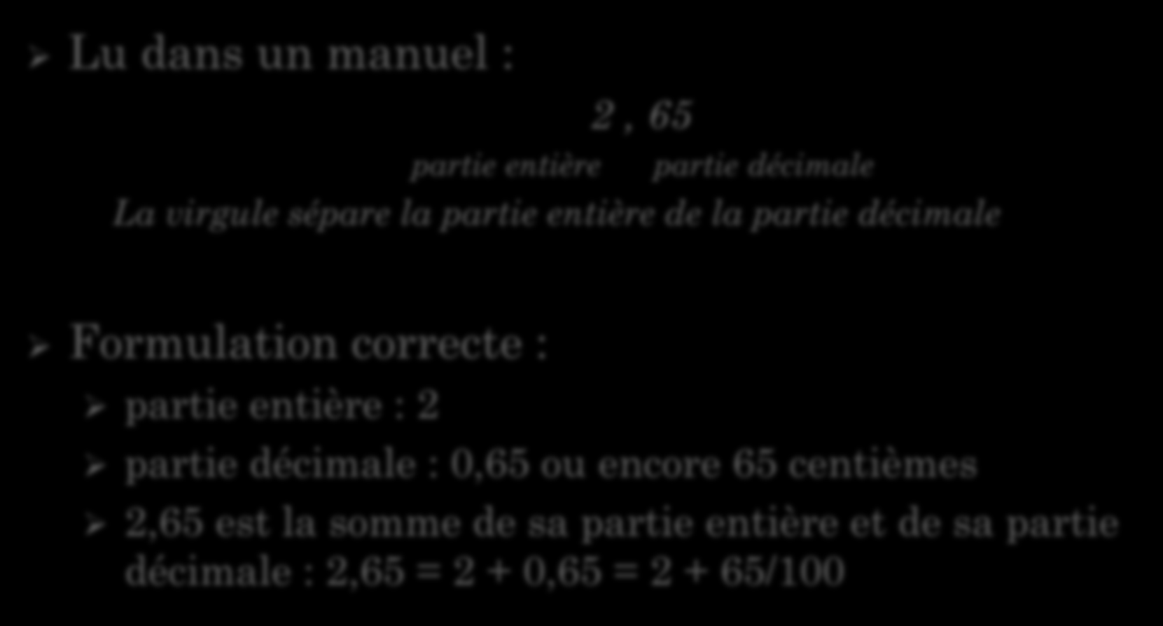 DEUX PRÉCISIONS DE VOCABULAIRE Lu dans un manuel : partie entière 2, 65 partie décimale La virgule sépare la partie entière de la partie décimale Formulation