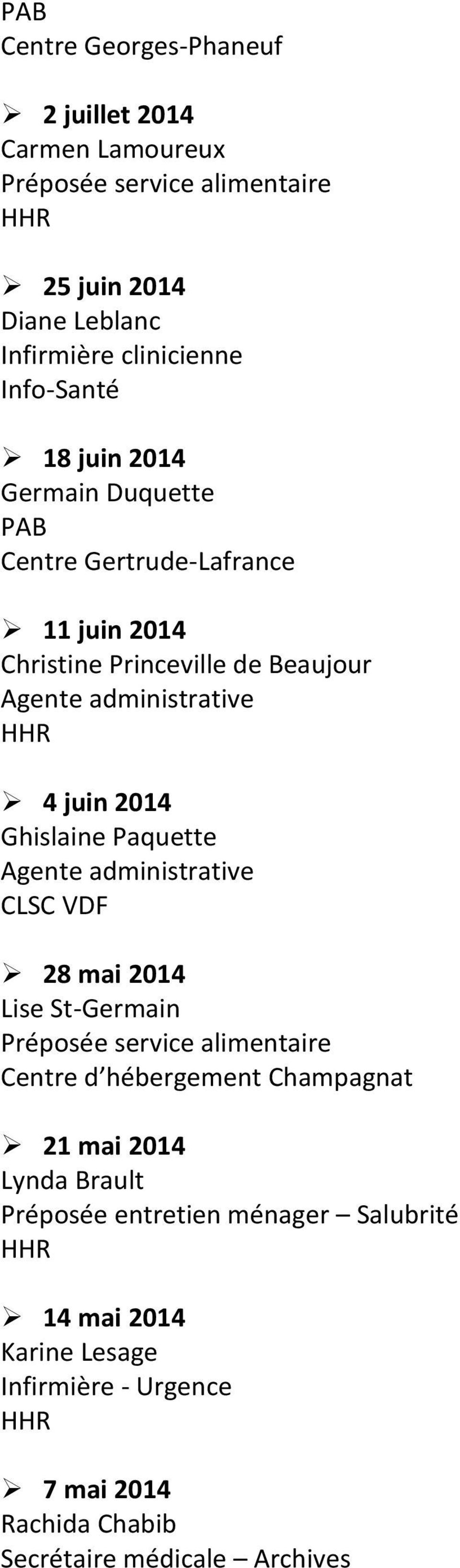 2014 Ghislaine Paquette Agente administrative 28 mai 2014 Lise St-Germain Préposée service alimentaire Centre d hébergement Champagnat 21 mai