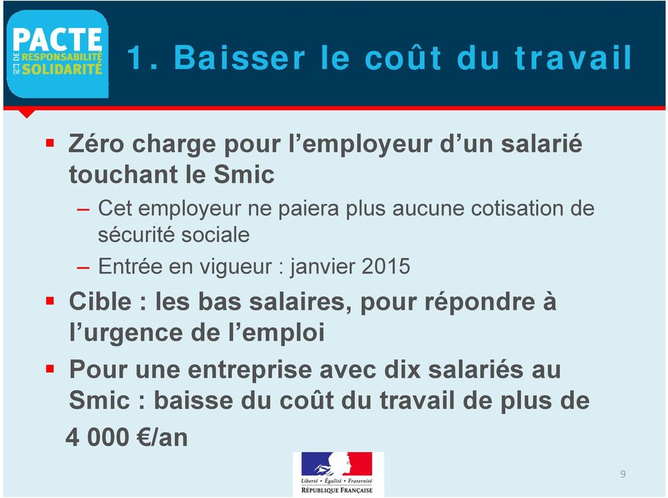 vigueur : janvier 2015 Cible : les bas salaires, pour répondre à l urgence de l emploi