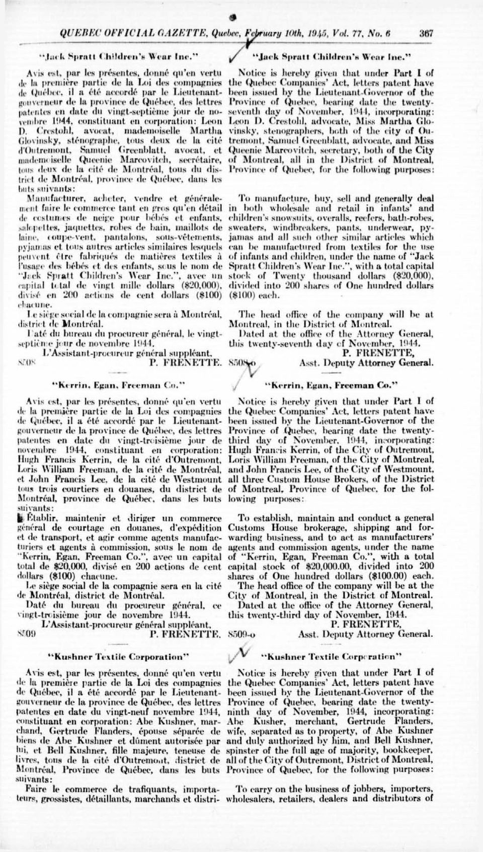 lettres patentes en date «lu vingt-neuf novembre 1044, constituant en corporation: Abc Kushner.