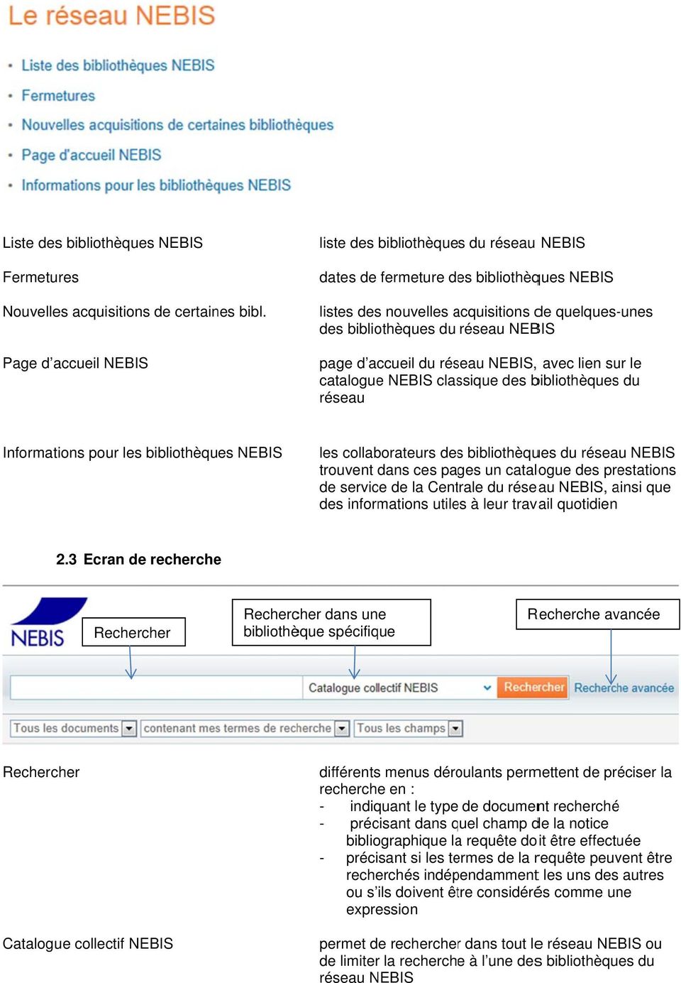 accueil du réseau NEBIS, avec lien sur le catalogue NEBIS classique des bibliothèques du réseau Informations pour les bibliothèques NEBIS les collaborateurs dess bibliothèques du réseau NEBIS