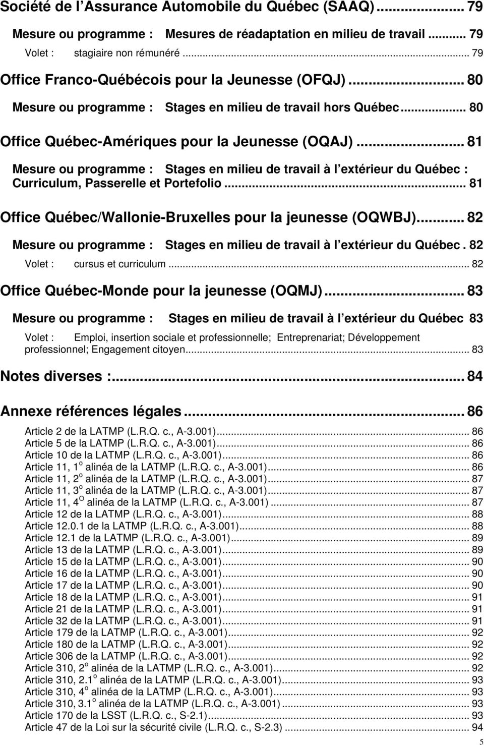 .. 81 Mesure ou programme : Stages en milieu de travail à l extérieur du Québec : Curriculum, Passerelle et Portefolio... 81 Office Québec/Wallonie-Bruxelles pour la jeunesse (OQWBJ).