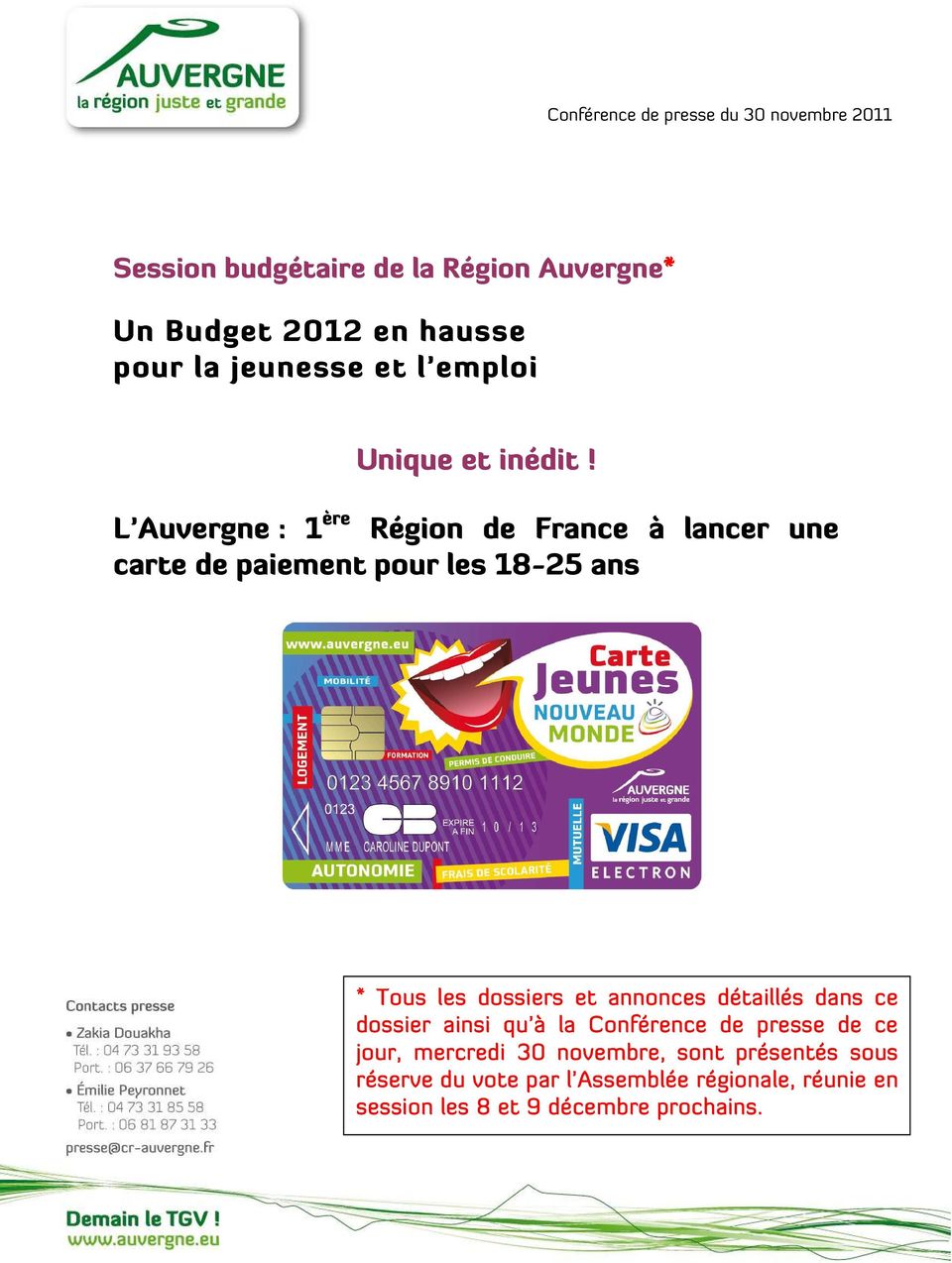 L Auvergne : 1 ère Région de France à lancer une carte de paiement pour les 18-25 ans * Tous les dossiers et annonces