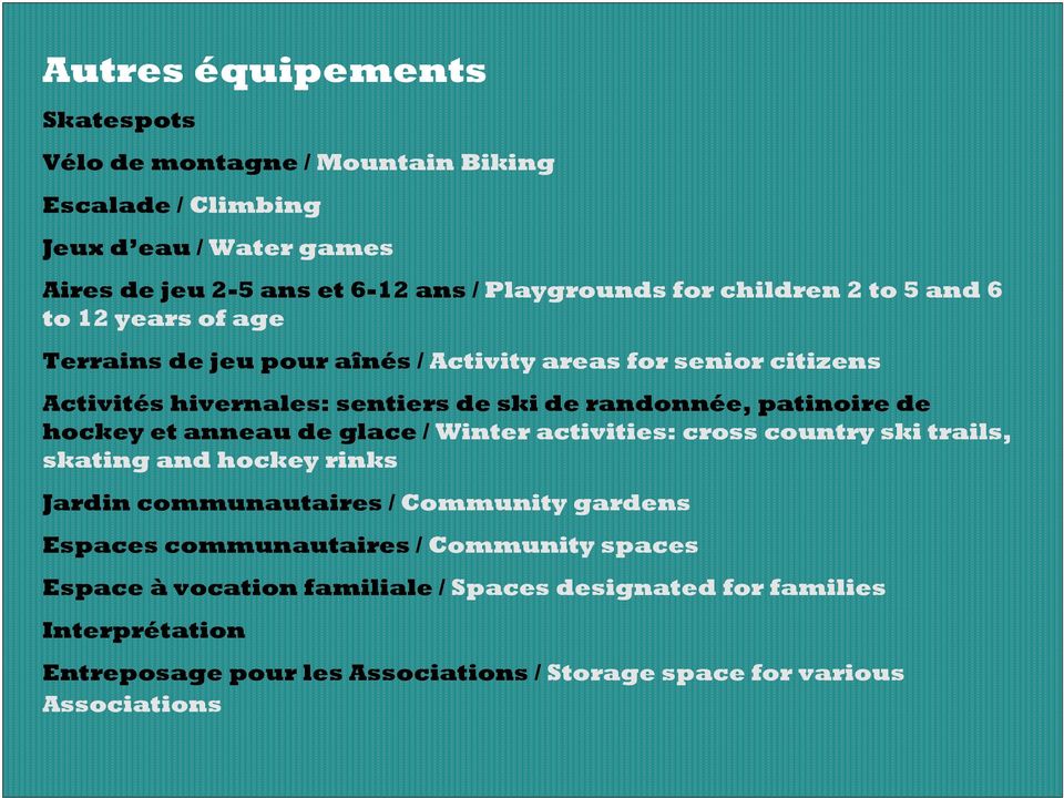 patinoire de hockey et anneau de glace / Winter activities: cross country ski trails, skating and hockey rinks Jardin communautaires / Community gardens Espaces