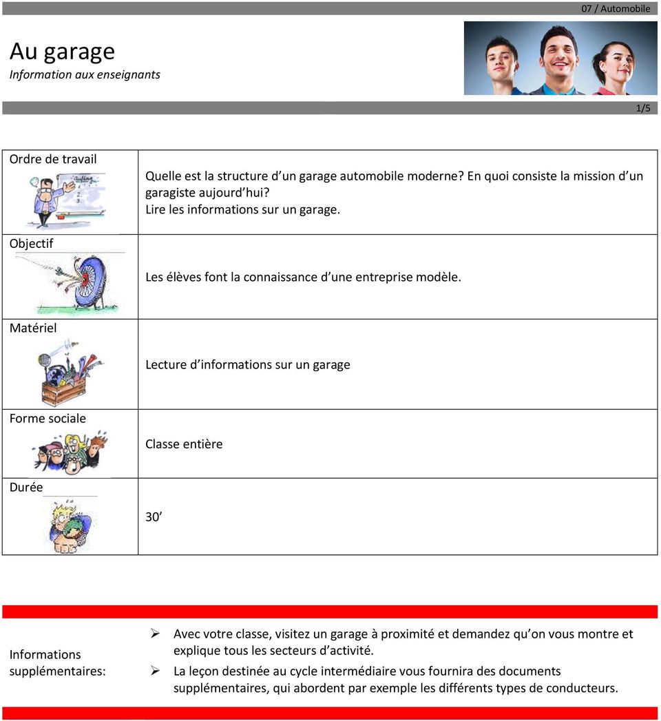 Matériel Lecture d informations sur un garage Forme sociale Classe entière Durée 30 Informations supplémentaires: Avec votre classe, visitez un garage à