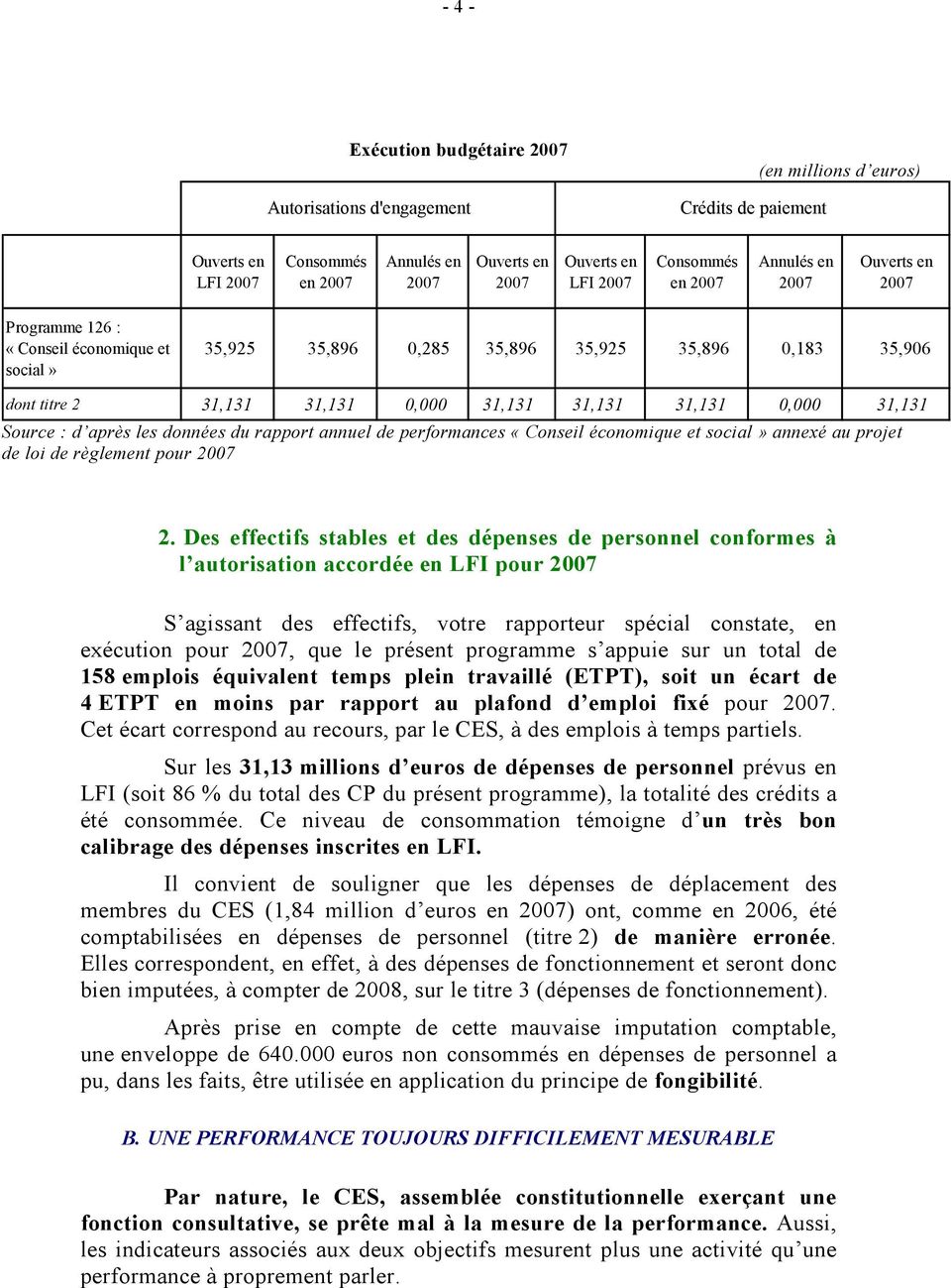31,131 0,000 31,131 Source : d après les données du rapport annuel de performances «Conseil économique et social» annexé au projet de loi de règlement pour 2007 2.