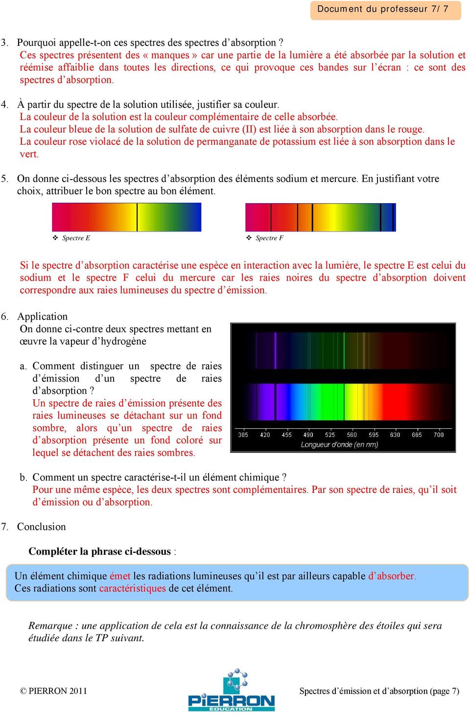 spectres d absorption. 4. À partir du spectre de la solution utilisée, justifier sa couleur. La couleur de la solution est la couleur complémentaire de celle absorbée.