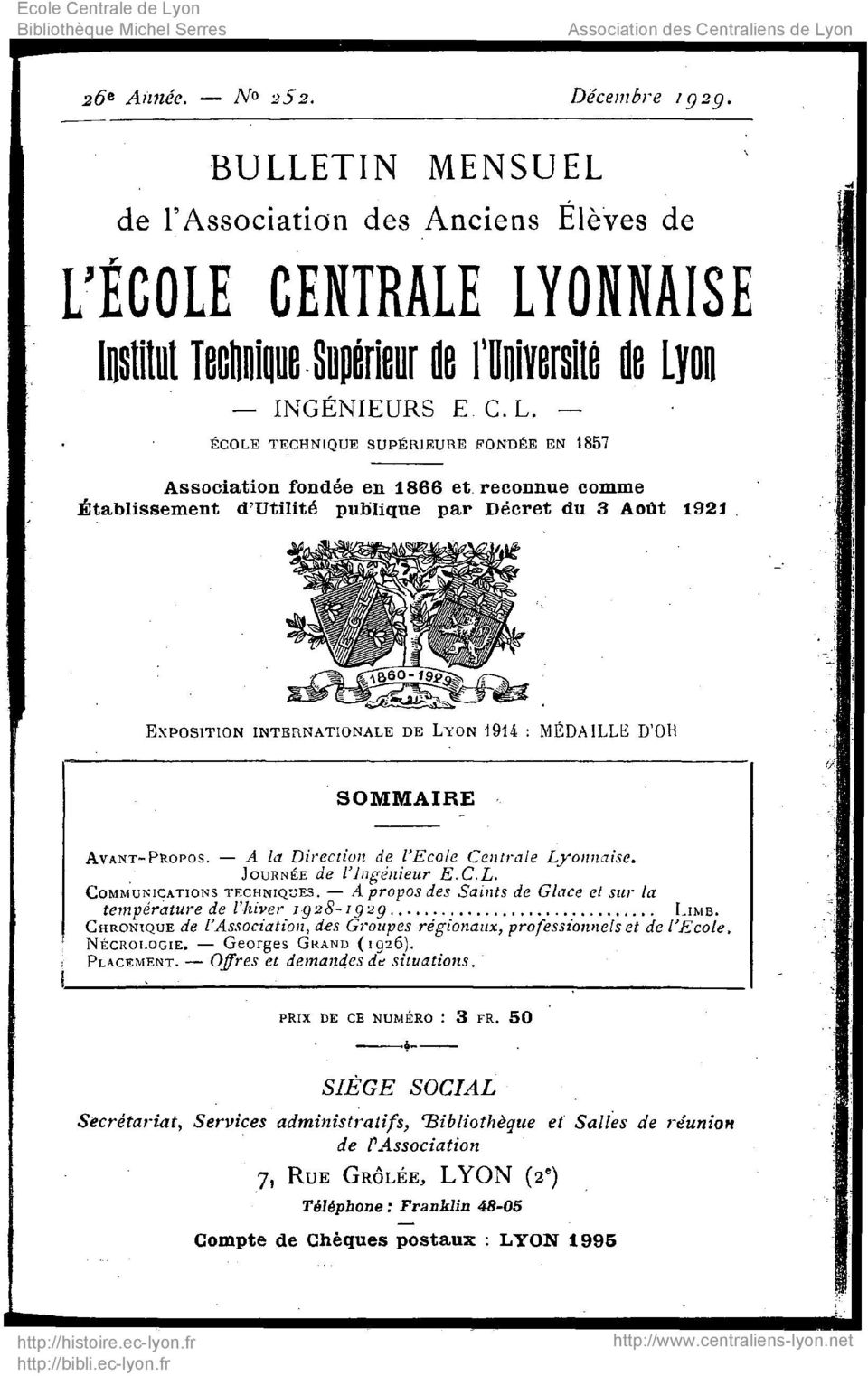 D'OH SOMMAIRE AVANT-PROPOS. A la Direction de l'ecole Centrale Lyonnaise. JOURNÉE de l'ingénieur E.C.L. COMMUNICATIONS TECHNIQUES.