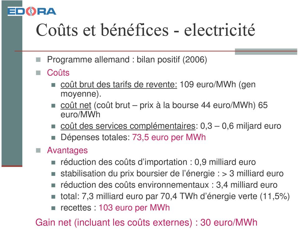 per MWh Avantages réduction des coûts d importation : 0,9 milliard euro stabilisation du prix boursier de l énergie : > 3 milliard euro réduction