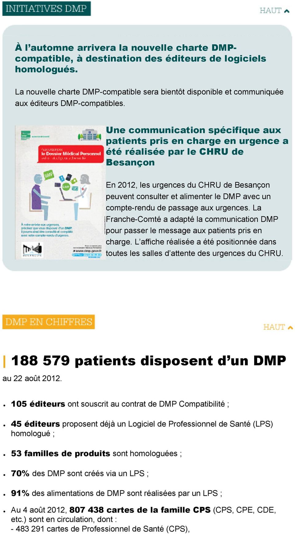 Une communication spécifique aux patients pris en charge en urgence a été réalisée par le CHRU de Besançon En 2012, les urgences du CHRU de Besançon peuvent consulter et alimenter le DMP avec un