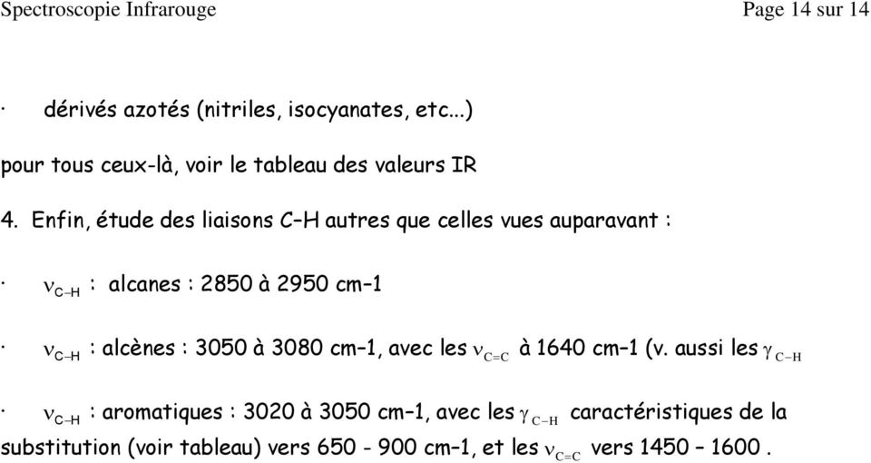 Enfin, étude des liaisons C H autres que celles vues auparavant : ν C H : alcanes : 2850 à 2950 cm 1 ν C H : alcènes :