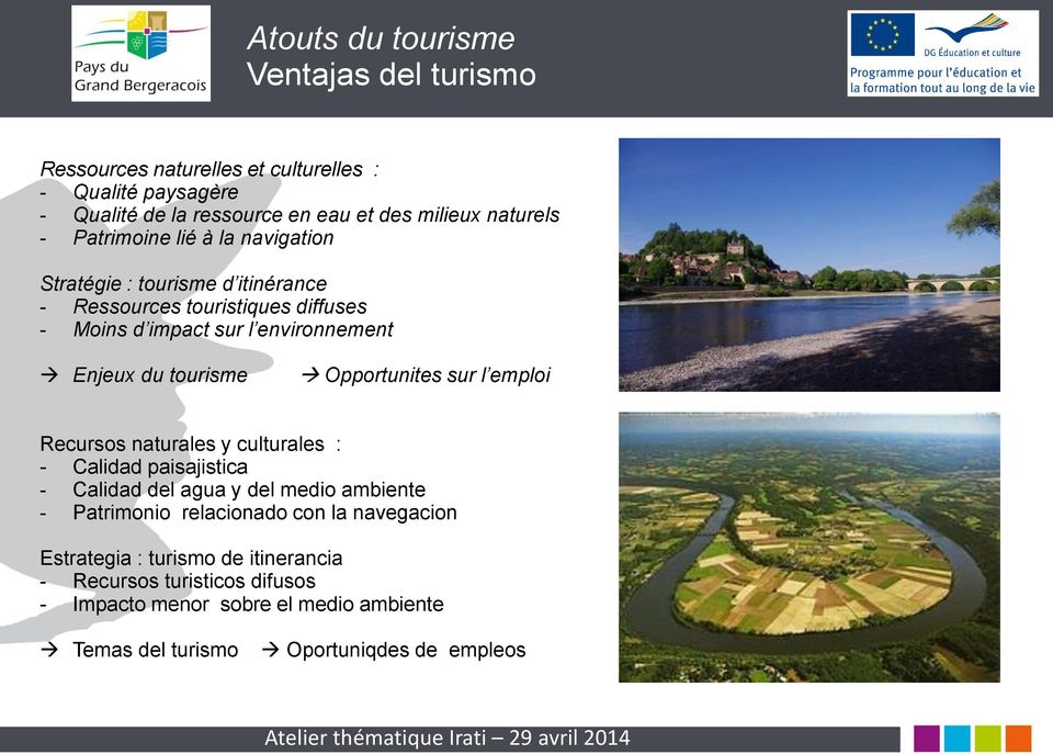 tourisme Opportunites sur l emploi Recursos naturales y culturales : - Calidad paisajistica - Calidad del agua y del medio ambiente - Patrimonio relacionado