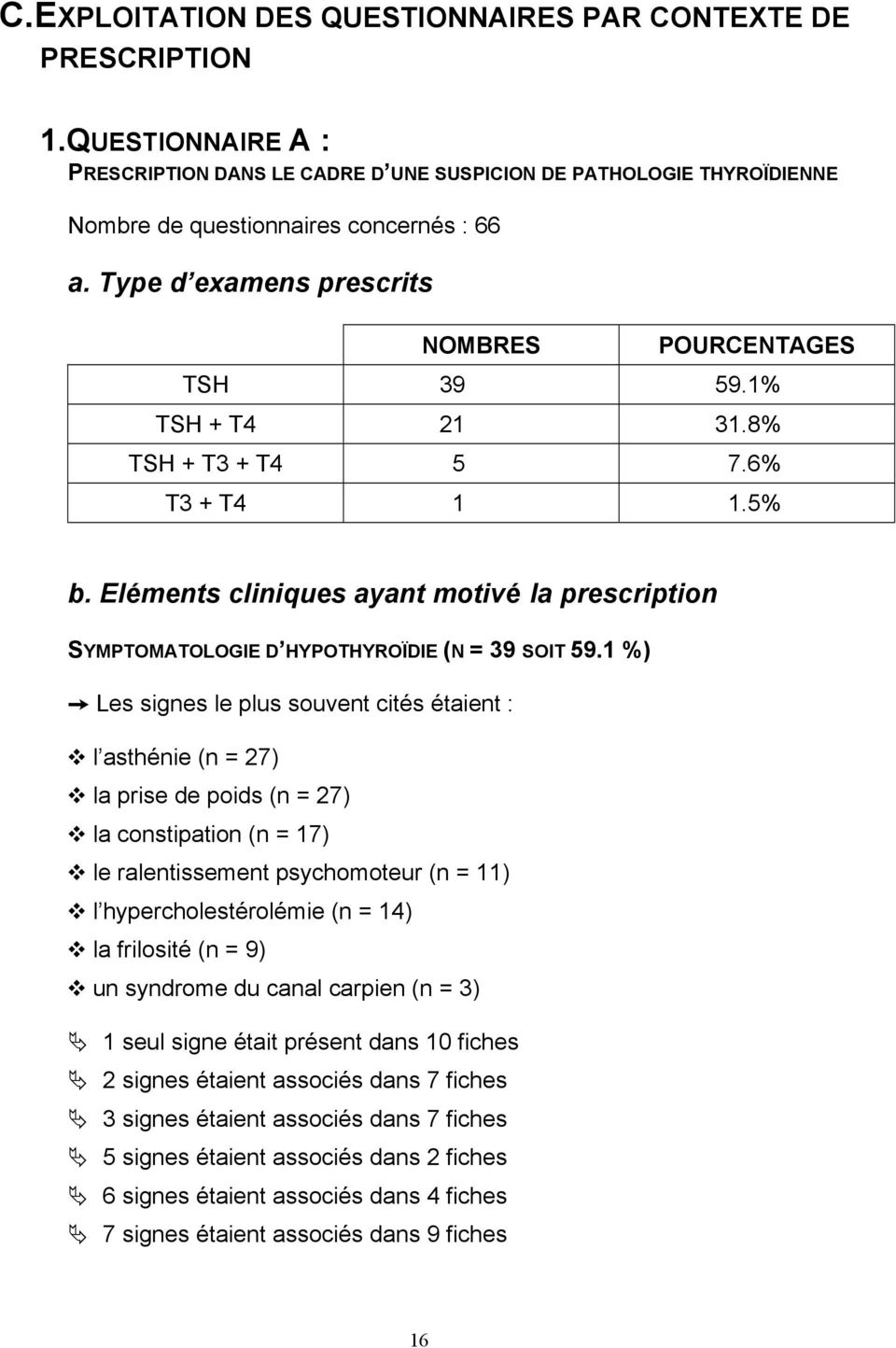 Eléments cliniques ayant motivé la prescription SYMPTOMATOLOGIE D HYPOTHYROÏDIE (N = 39 SOIT 59.
