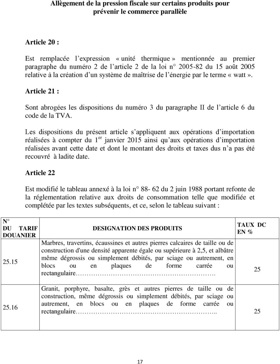 Article 21 : Sont abrogées les dispositions du numéro 3 du paragraphe II de l article 6 du code de la TVA.