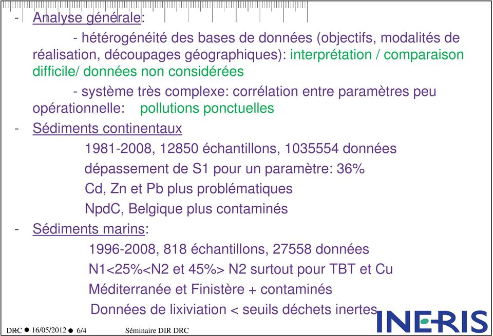 12850 échantillons, 1035554 données dépassement de S1 pour un paramètre: 36% Cd, Zn et Pb plus problématiques NpdC, Belgique plus contaminés 1996-2008, 818 échantillons,