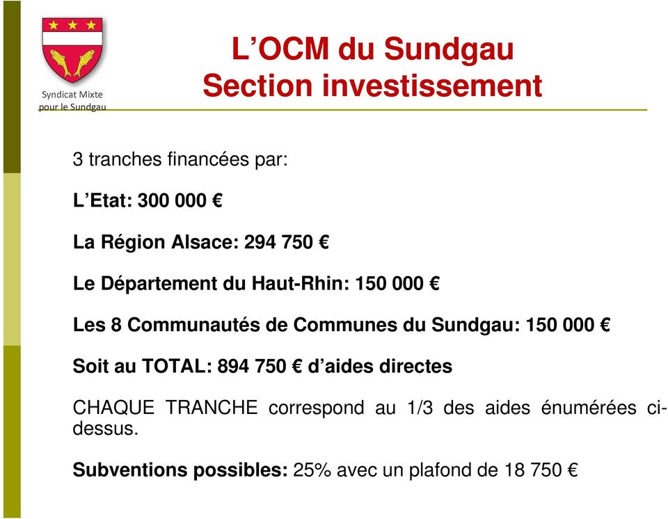 Communes du Sundgau: 150 000 Soit au TOTAL: 894 750 d aides directes CHAQUE TRANCHE