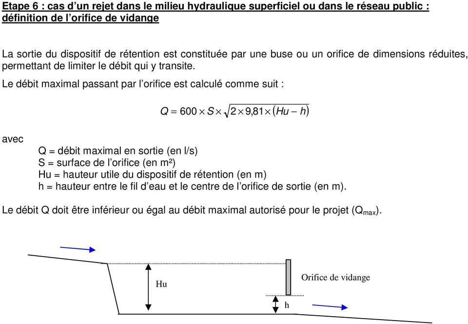 Le débit maximal passant par l orifice est calculé comme suit : Q = 600 S 2 9, 81 ( Hu h) Q = débit maximal en sortie (en l/s) S = surface de l orifice (en m²) Hu =